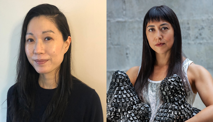 Jennifer Rhee has long dark hair and wears a black top. Katherine Behar has long dark hair, wears a silver top, and holds sculptures made of keyboards. 