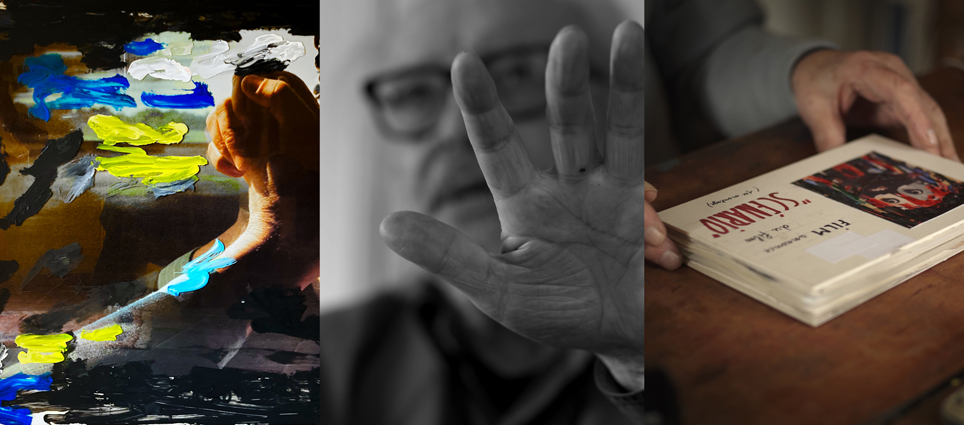 Three images, one of an abstract painting, one of an older man with only his outstretched hand in focus, and a book on a table.