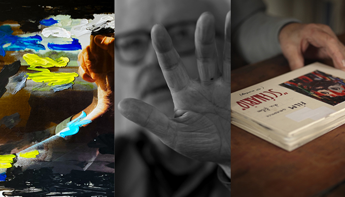 Three images, one of an abstract painting, one of an older man with only his outstretched hand in focus, and a book on a table.