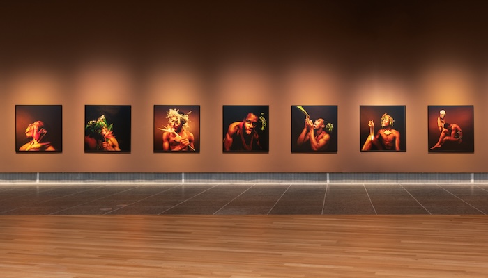 A gallery wall is hung with a row of color photographs by Rotimi Fani-Kayode.