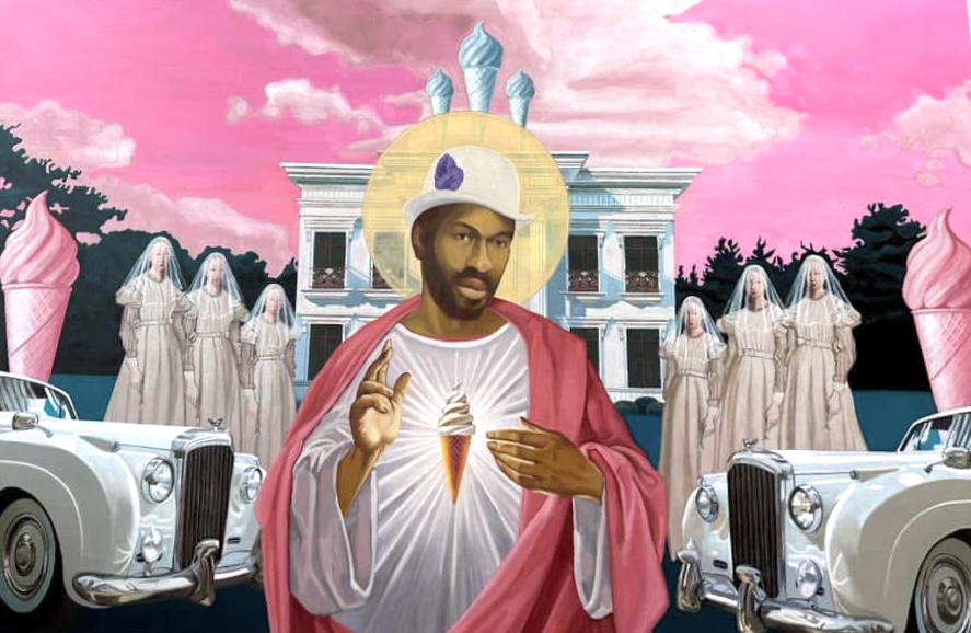 An ice-cream themed spin on a traditional religious painting with a Black man in a white bowler and flowing robes at its center.