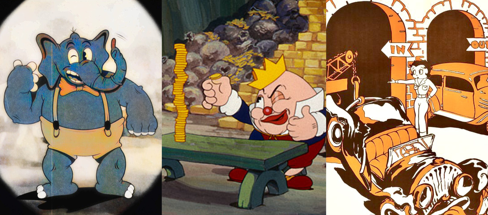 Three images of cartoons: a standing elephant wearing overalls, a king counting coins, and Betty Boop working at a garage.