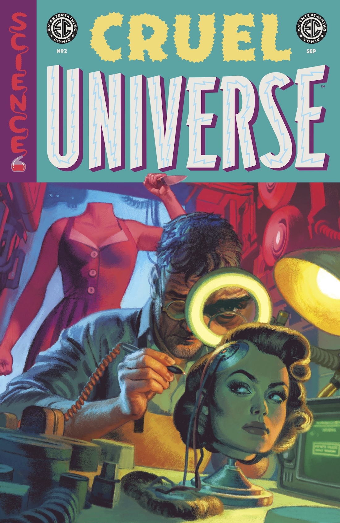 A comic book cover features lurid art of a mad scientist and a decapitated woman seeking revenge.