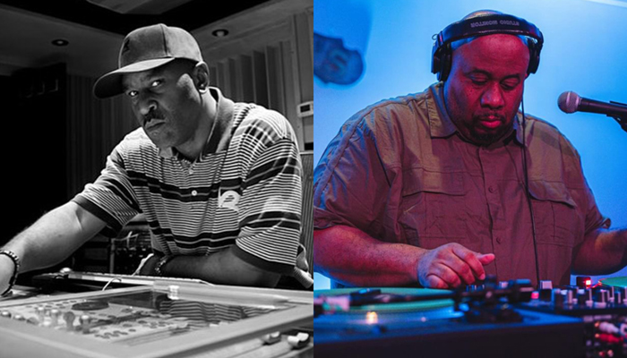 Collage of a black-and-white photo of Easy Mo Bee in a sound studio and Jason Rawls with two turntables and a microphone. 