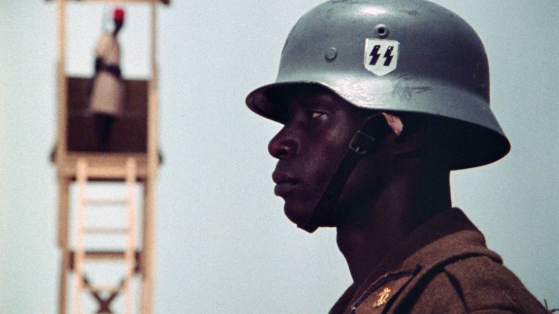 A man in military gear and a helmet with an "SS" marking keeps watch.