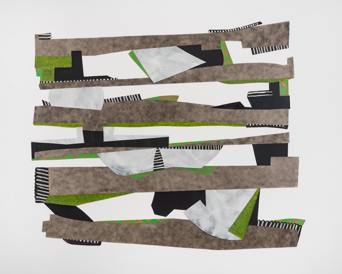 An abstract art assemblage in shades of green, gray, and black.