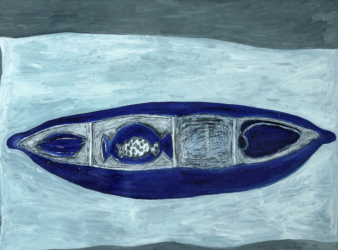 A semi-abstract drawing of a seed pod, rendered in shades of blue.