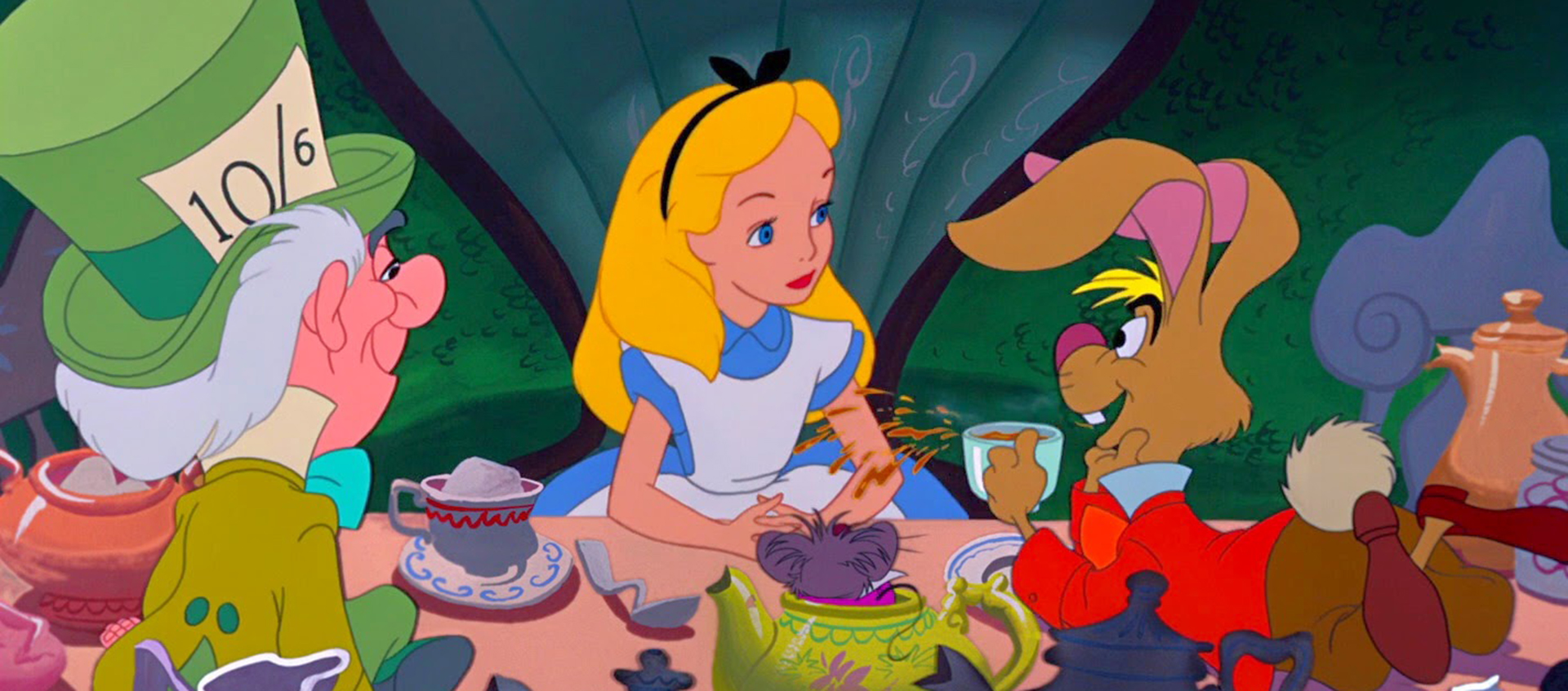 A colorful image of Alice from Alice in Wonderland having a tea party with the Mad Hatter, the March Hare, and the Dormouse.