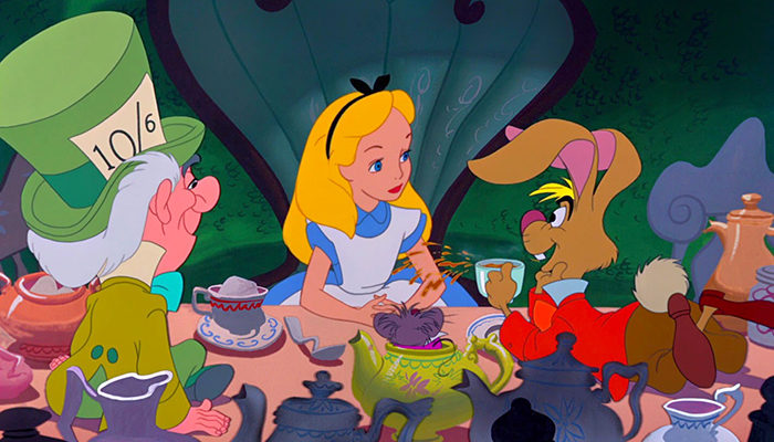 A colorful image of Alice from Alice in Wonderland having a tea party with the Mad Hatter, the March Hare, and the Dormouse.