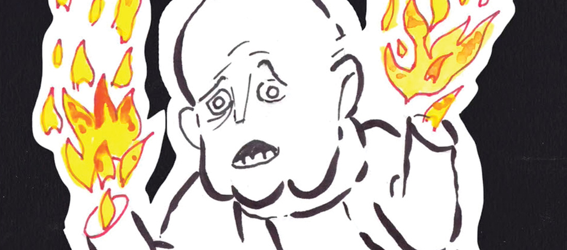 A hand-drawn figure raises its arms to reveal burning flames where its hands should be.
