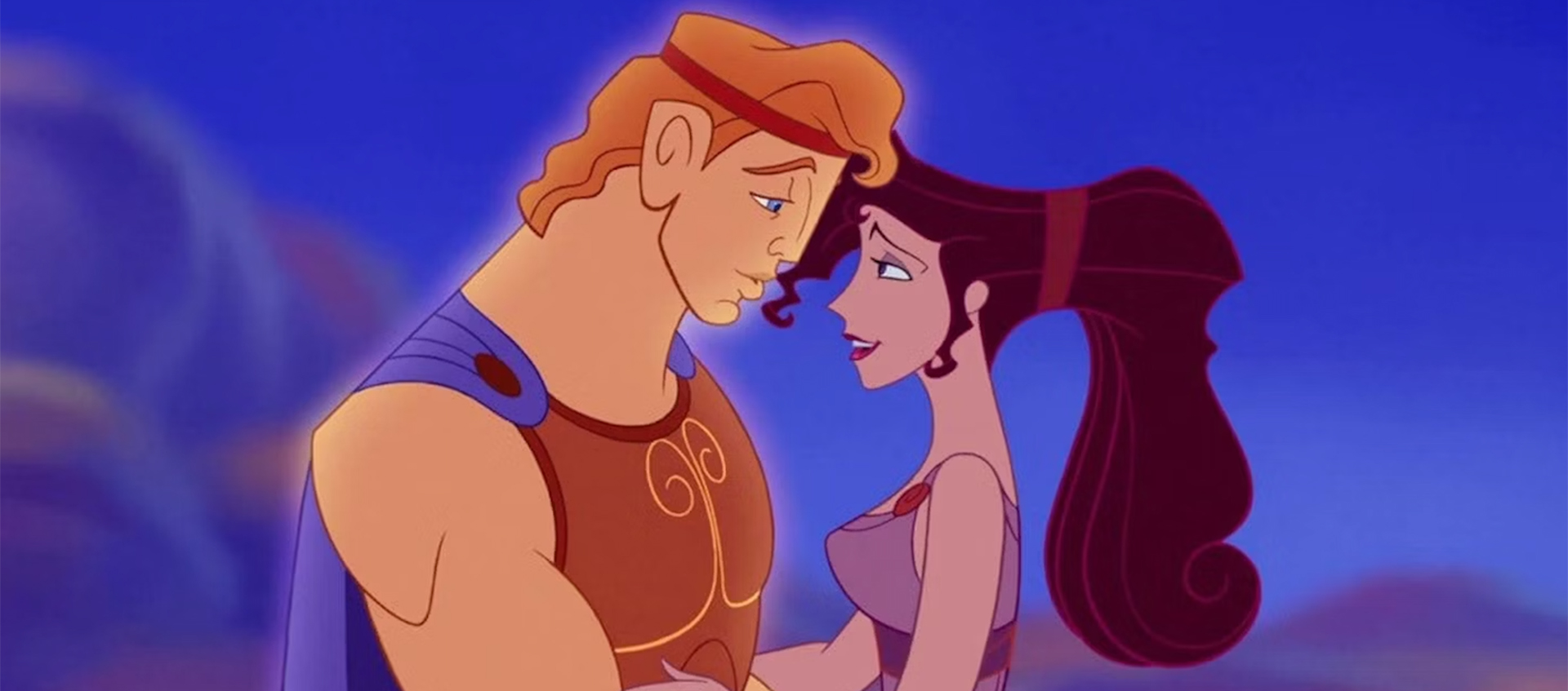 An animated image of a Hercules and his lover Meg looking into each others’ eyes. They are dressed in ancient Greek clothing.