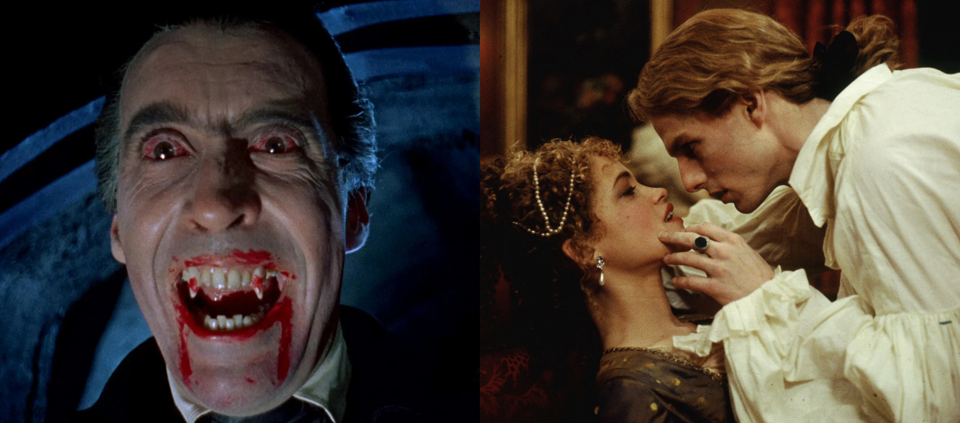 On the left, a vampire bares his bloody teeth. On the right, a man leans forward toward a woman and looks intensely at her.
