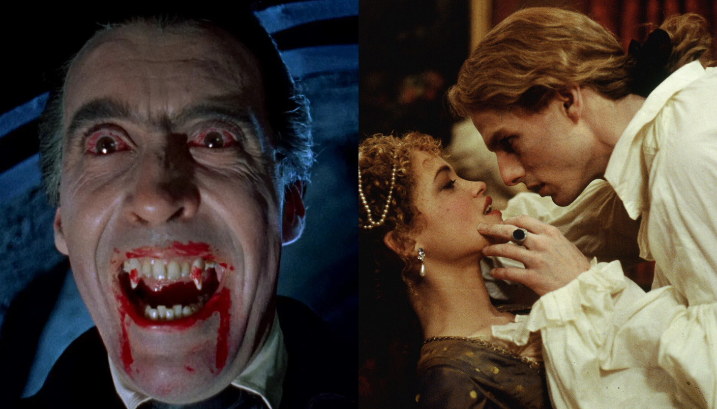 On the left, a vampire bares his bloody teeth. On the right, a man leans forward toward a woman and looks intensely at her.
