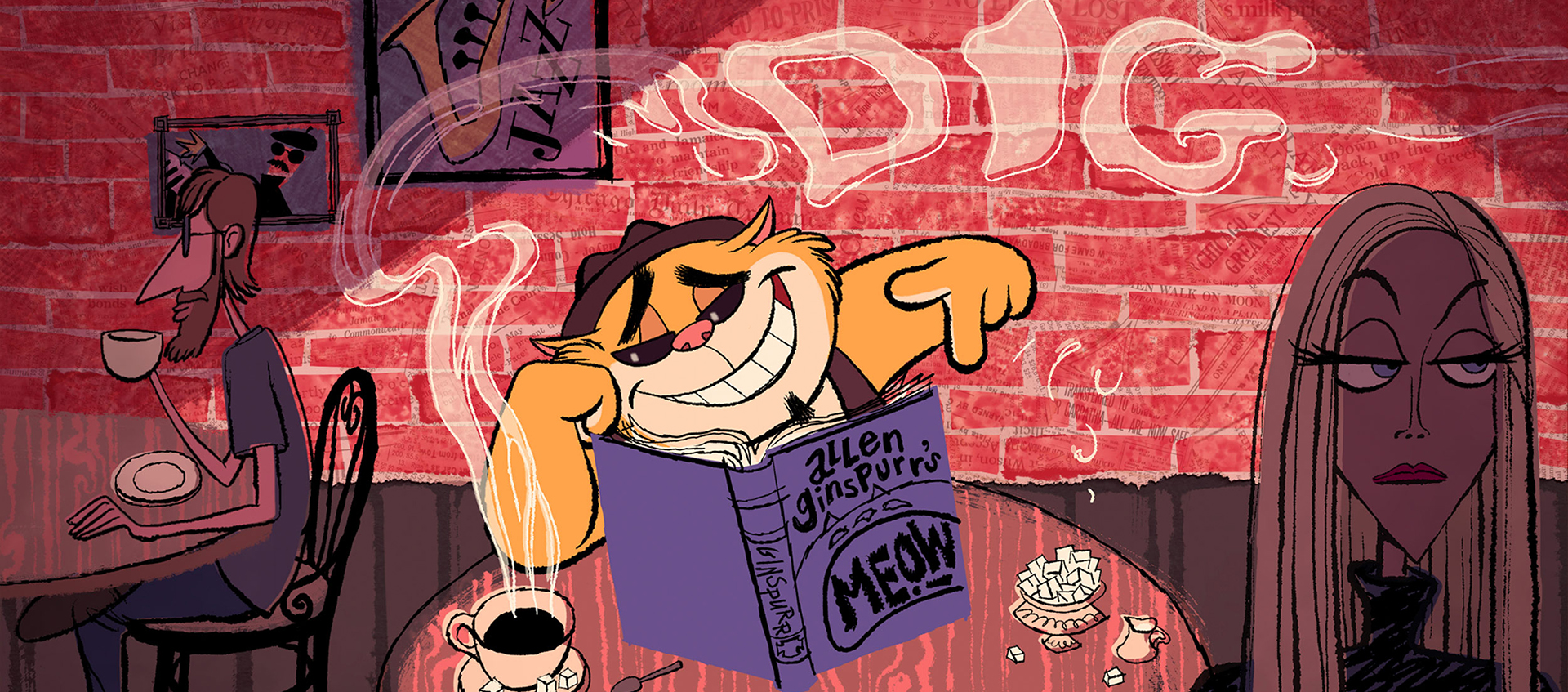 An animated orange cat sits in a coffee shop. It reads a book titled Allen Ginspurr’s Meow!