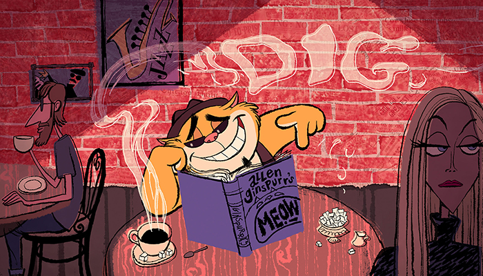 An animated orange cat sits in a coffee shop. It reads a book titled Allen Ginspurr’s Meow!
