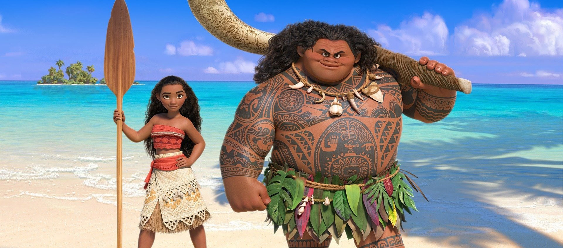 An animated image of a Moana and tall, muscular, tattooed man standing on a beach and holding large objects.