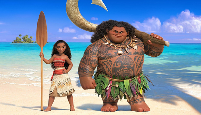An animated image of a Moana and tall, muscular, tattooed man standing on a beach and holding large objects.