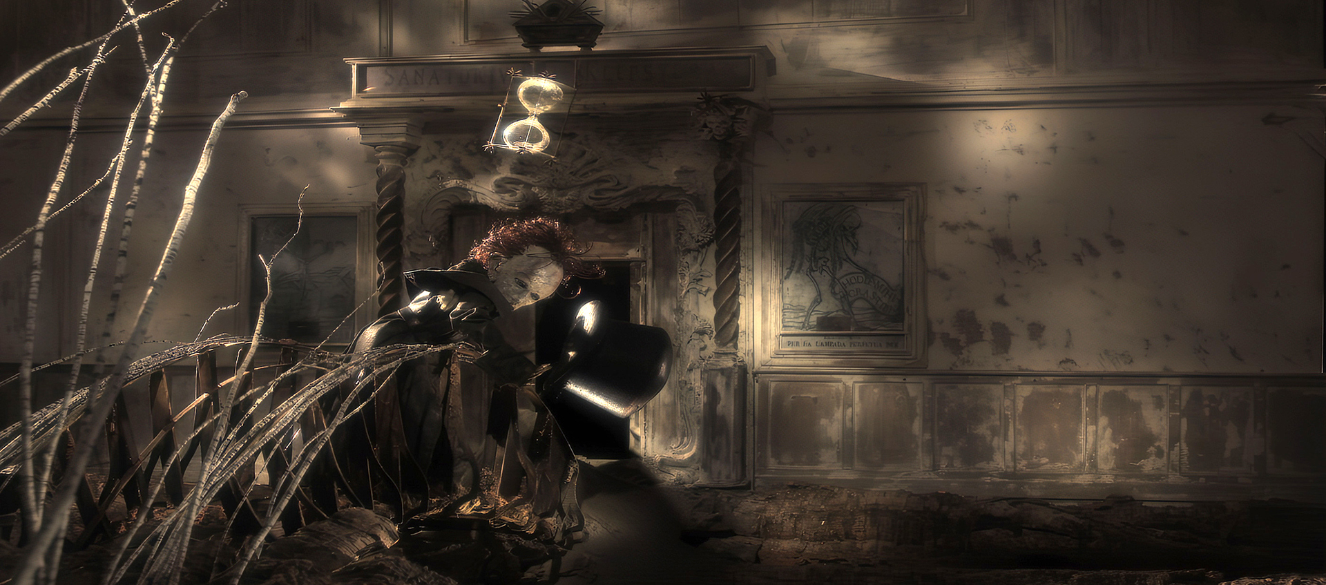 A mysterious figure with a spooky demeanor stands on a bridge in a dim and dirty room filled with strange objects.