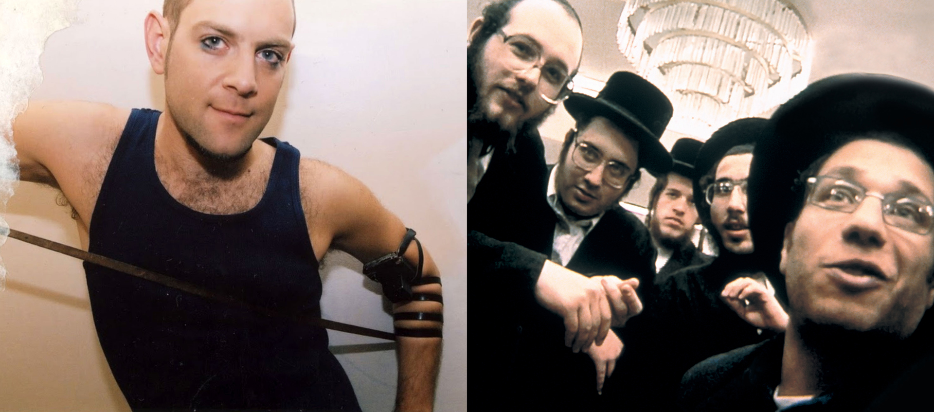 On the left is a photo of Rabbi Amichai Lau-Lavie. On the right, a group of Orthodox Jewish men pose for a picture.
