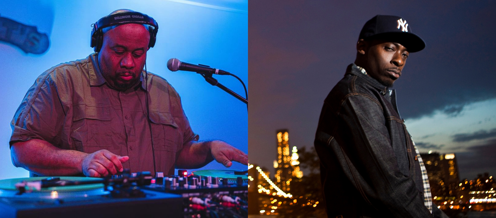 On the left is a photo of J Rawls DJing. On the right is a photo of Pete Rock in front of a New York skyline.
