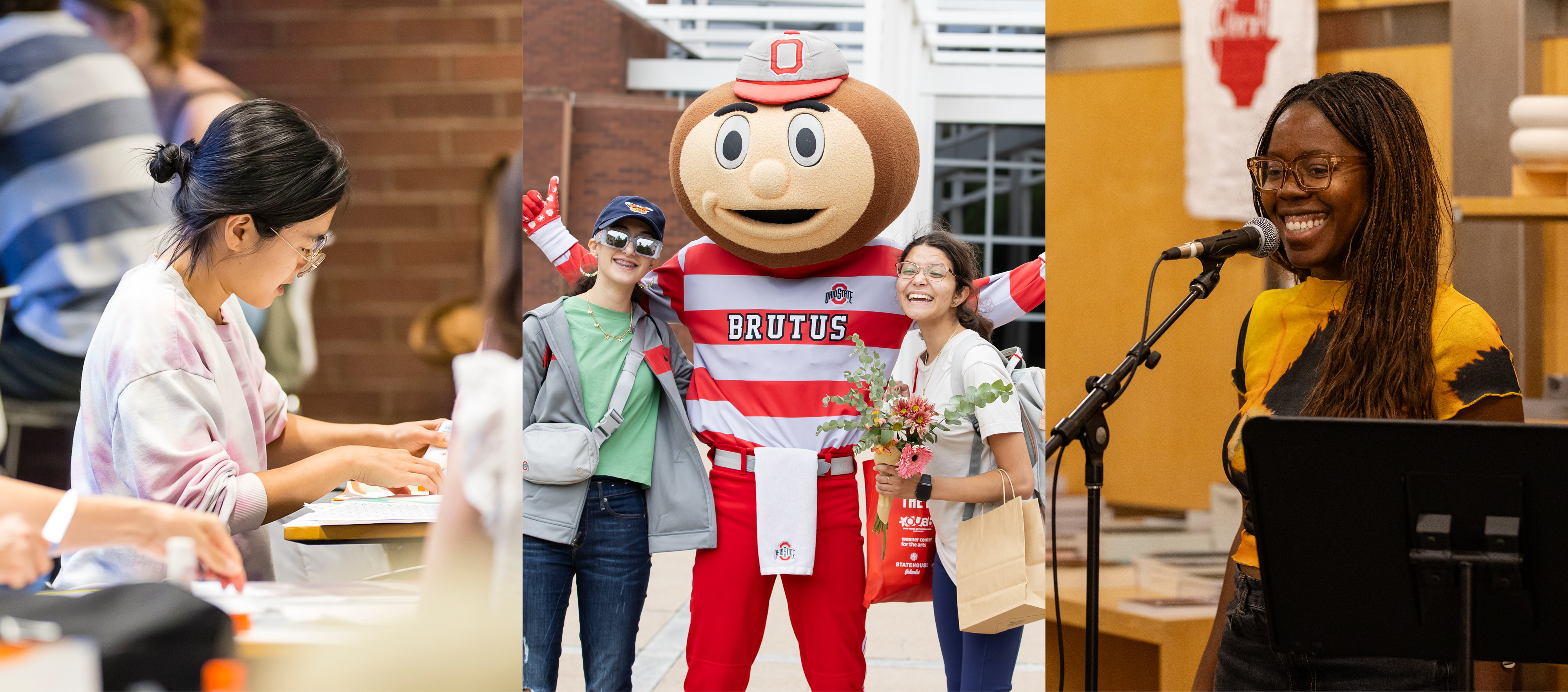 A collage of three photos featuring students participating in events at the Wexner Center.
