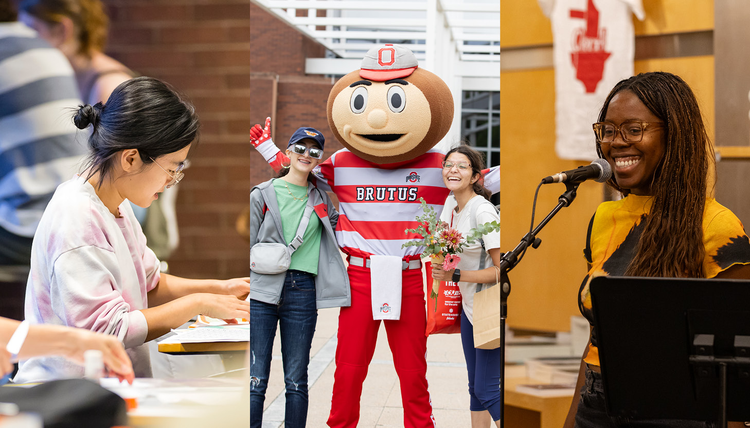 A collage of three photos featuring students participating in events at the Wexner Center.