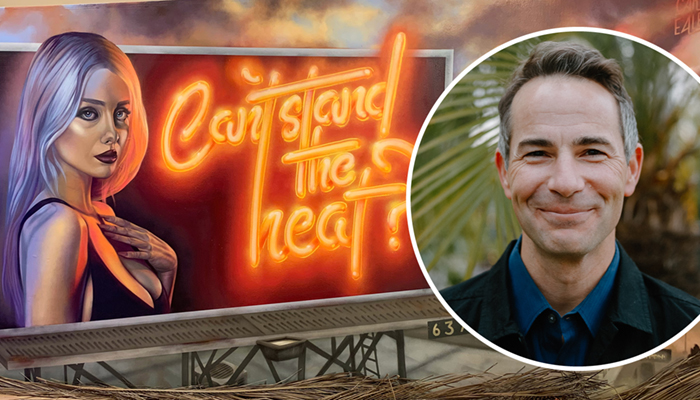 A painting of a billboard featuring a woman next to a neon sign that says “Can’t stand the heat?” next to a headshot of Jim Daichendt.