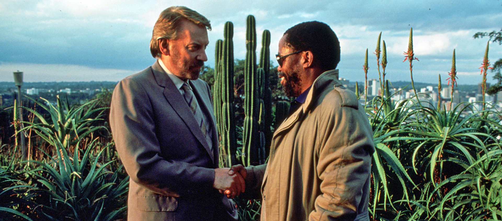 A white man and a Black man stand shaking hands in front of a large cactus.