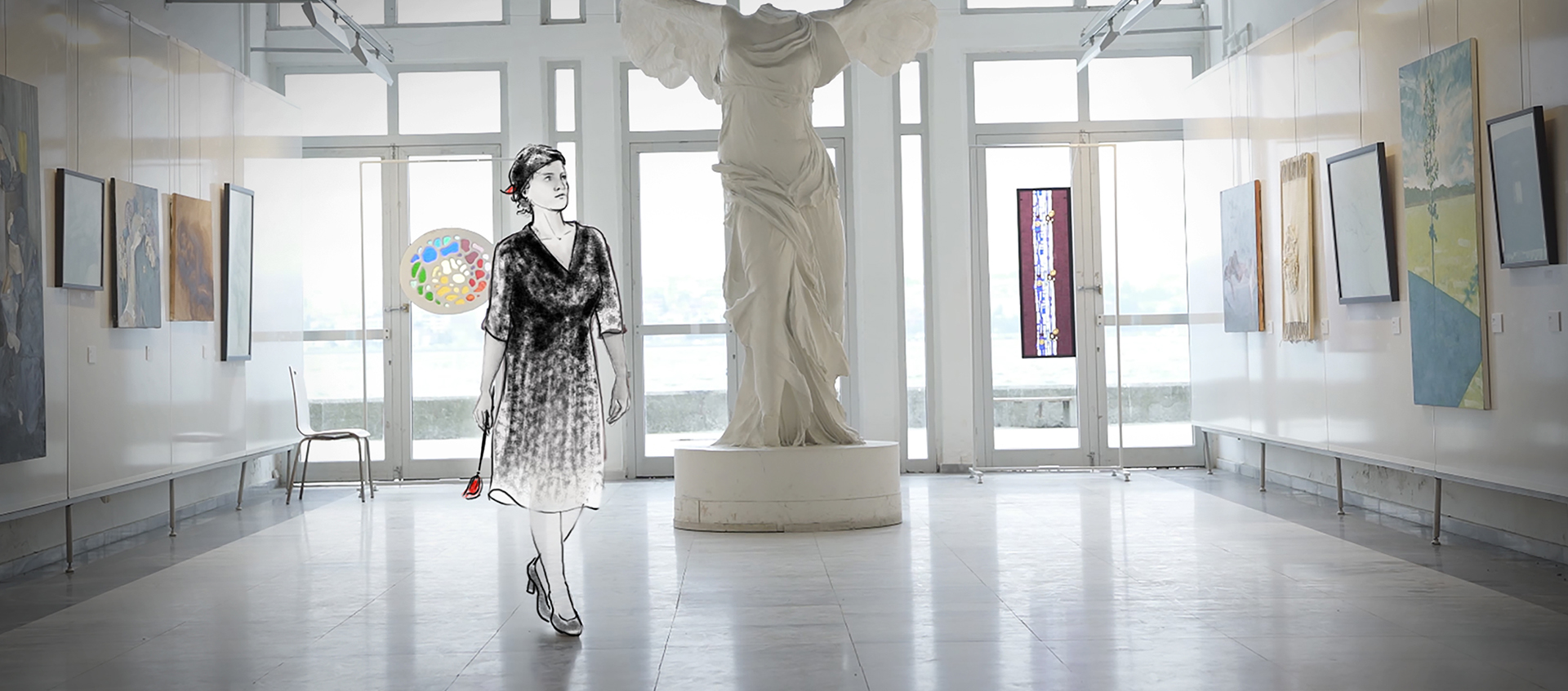 An animated Mihri walks through a real gallery space.