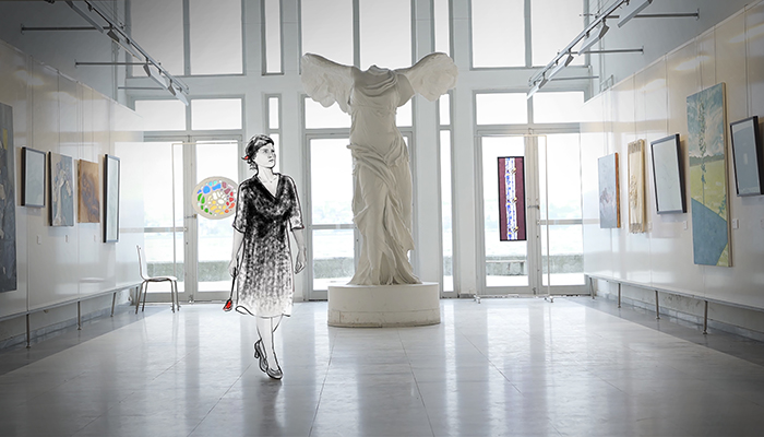 An animated Mihri walks through a real gallery space.