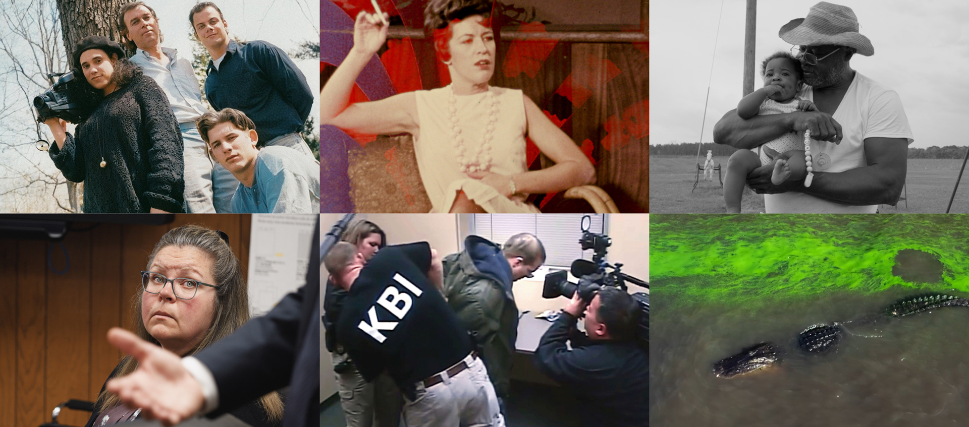 A collage of six images: a group portrait, a woman seated, a man holding a child, a woman in court, law enforcement at a desk, and alligators in green-tinted water.