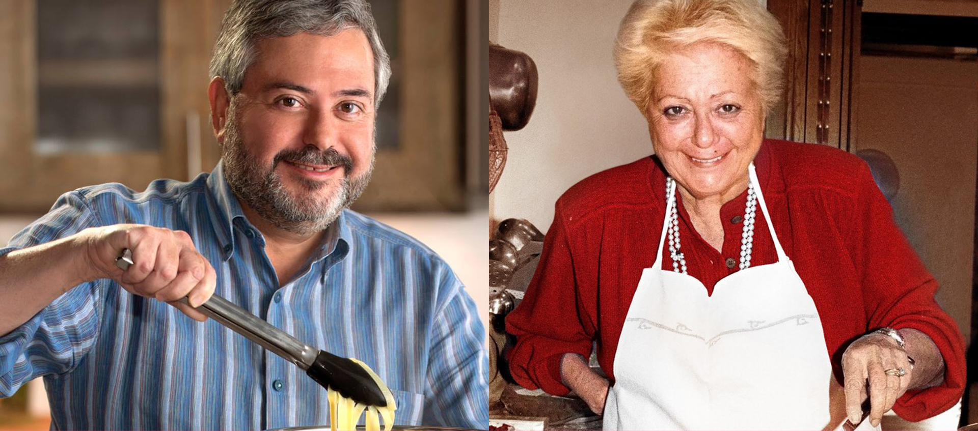 A man holds up pasta with a pair of tongs and a woman wearing an apron stirs a pot.
