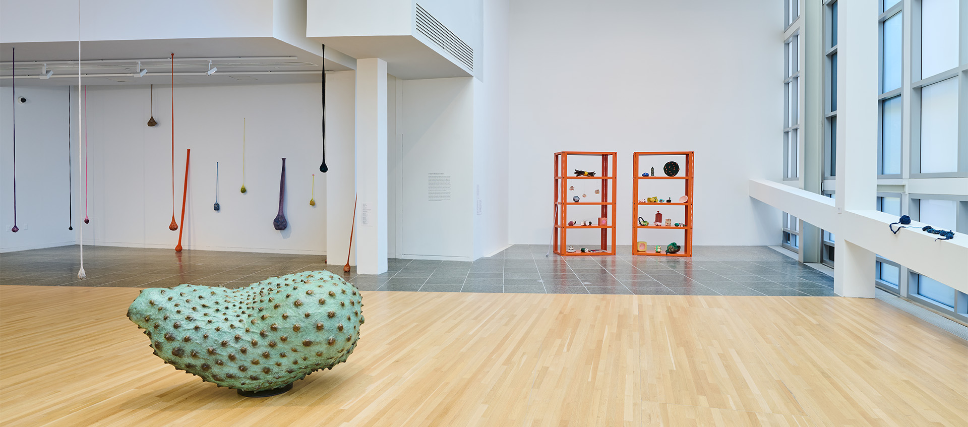 A gallery with mesh sacks of fruit hanging from the ceiling, a large fruit sculpture, and shelves with objects on them.
