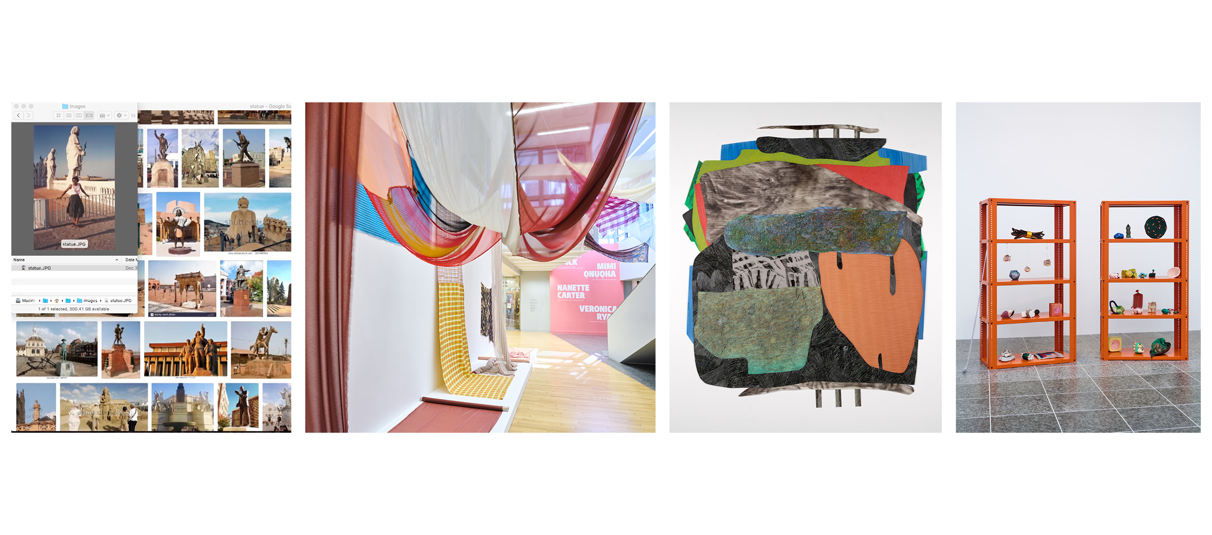 Collage of artworks by Mimi Ọnụọha, Eric N. Mack, Nanette Carter, and Veronica Ryan.