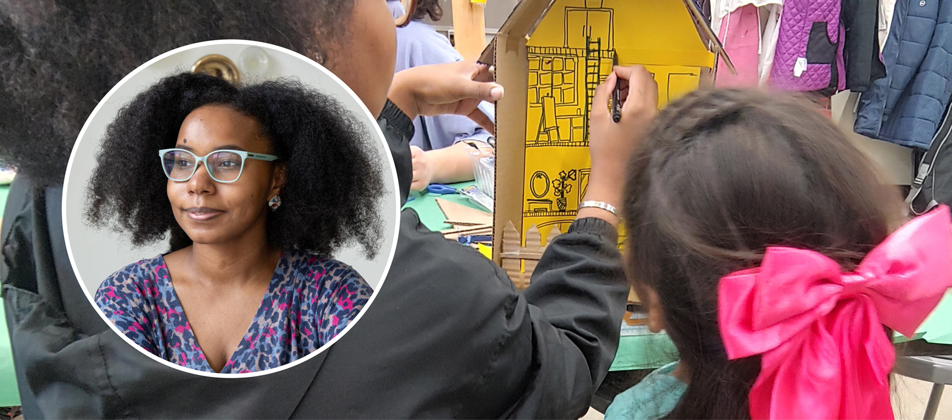 A headshot of Kayneisha Holloway over a photo of an adult and child making art.