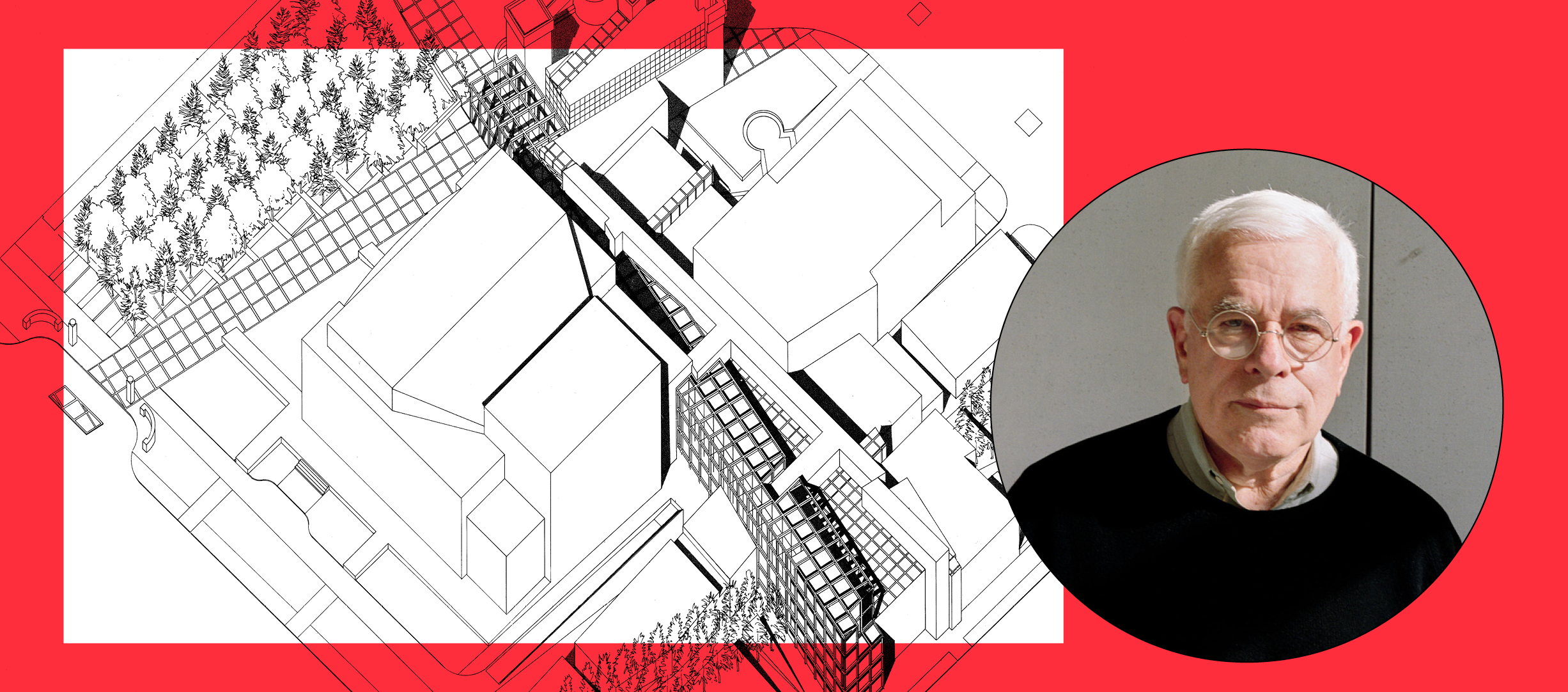 A schematic, wireframe isometric plan of the Wexner Center for the Arts and a portrait of Peter Eisenman.