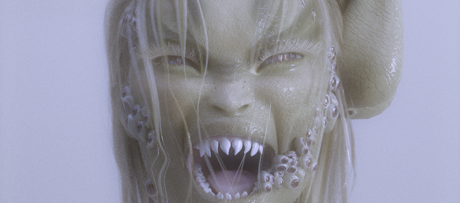 A human-like creature bares pointy teeth. It has greenish-gray skin, thin white hair, and barnacle-like growths on its face.