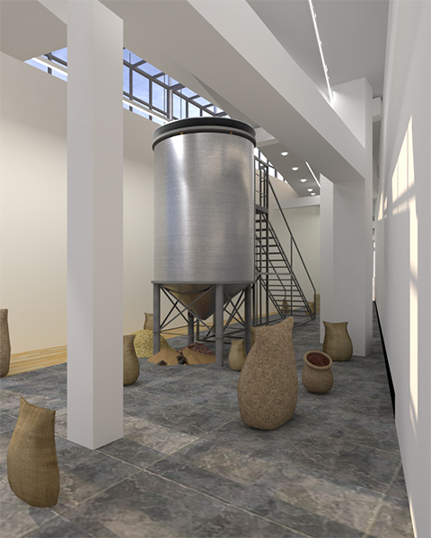 A 3D rendering of gallery with burlap sacks and ceramics on the floor. In the center of the space is a large metal silo.