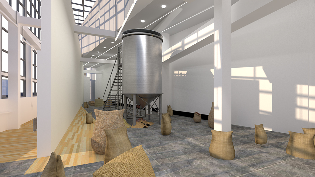 A 3D rendering of gallery with burlap sacks and ceramics on the floor. In the center of the space is a large metal silo.