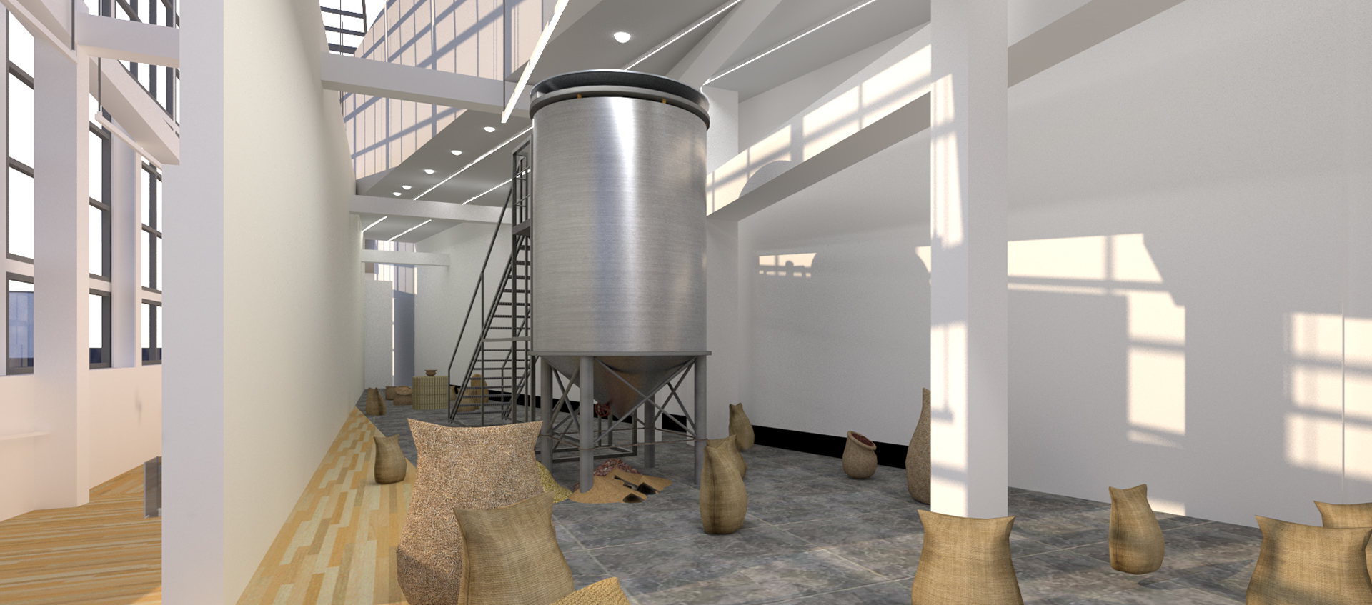 A 3D rendering of gallery with burlap sacks and ceramics on the floor. In the center of the space is a large metal silo.