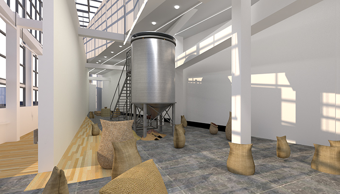 A 3D rendering of gallery with burlap sacks and ceramics on the floor. In the center of the space is a large metal silo.