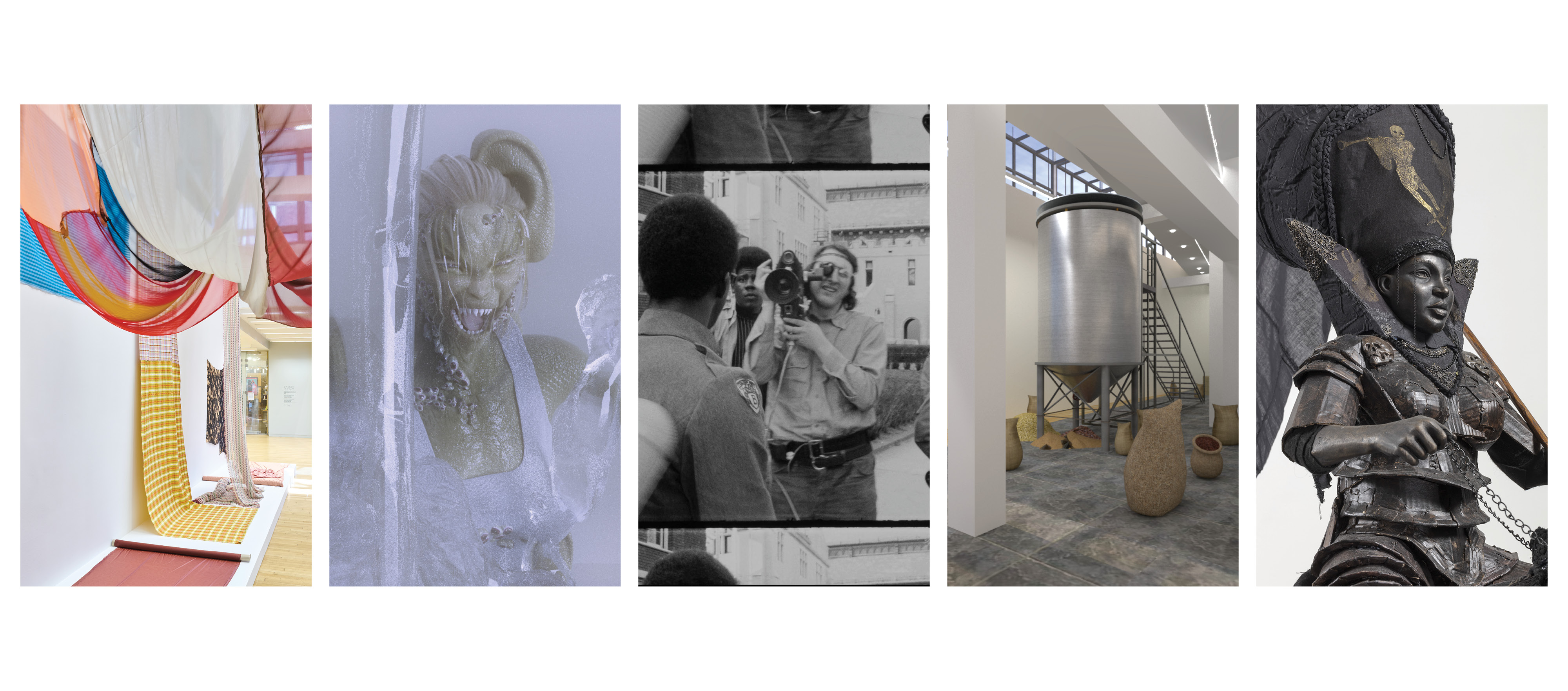 A collage of four photos of works by the exhibiting artists.