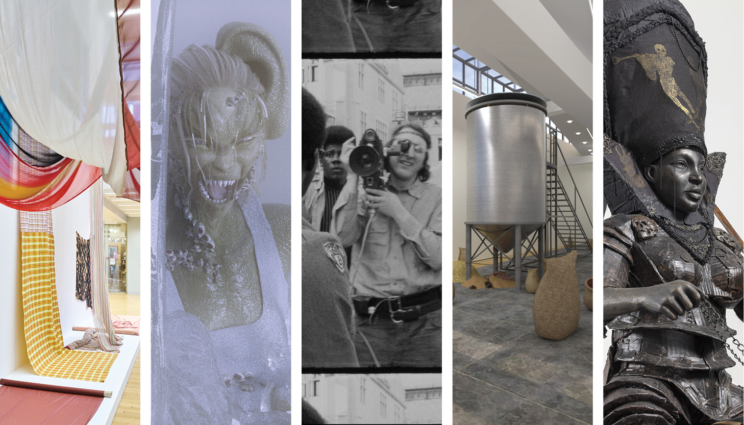 A collage of four photos of works by the exhibiting artists.