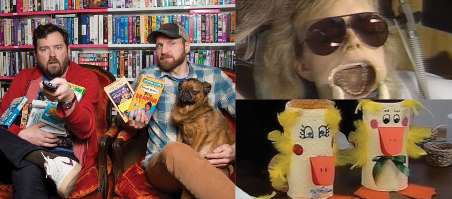Two men sit with VHS tapes and a dog in front of a bookshelf; alongside, a woman undergoes a dental procedure and two ducks crafted from household items are displayed.