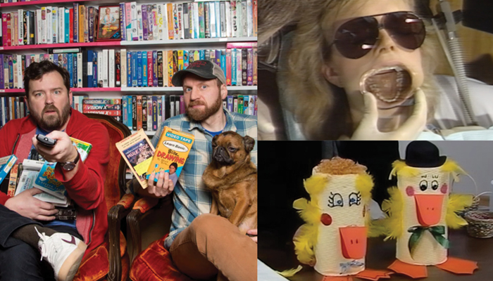 Two men sit with VHS tapes and a dog in front of a bookshelf; alongside, a woman undergoes a dental procedure and two ducks crafted from household items are displayed.