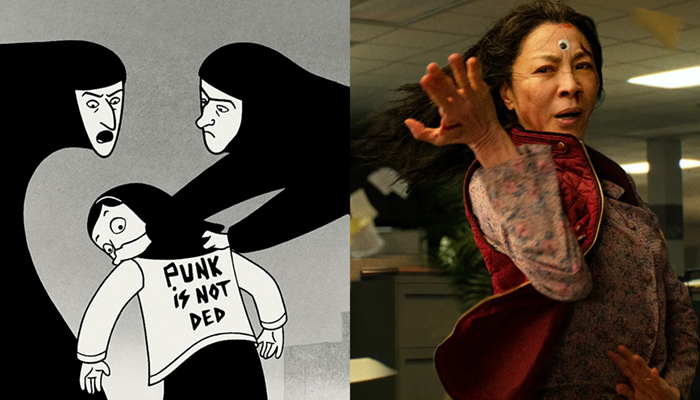 Split image: On the left, an animated scene shows two figures confronting a person wearing a “Punk is Not Ded” shirt. On the right, a woman poses in mid-action in an office setting.