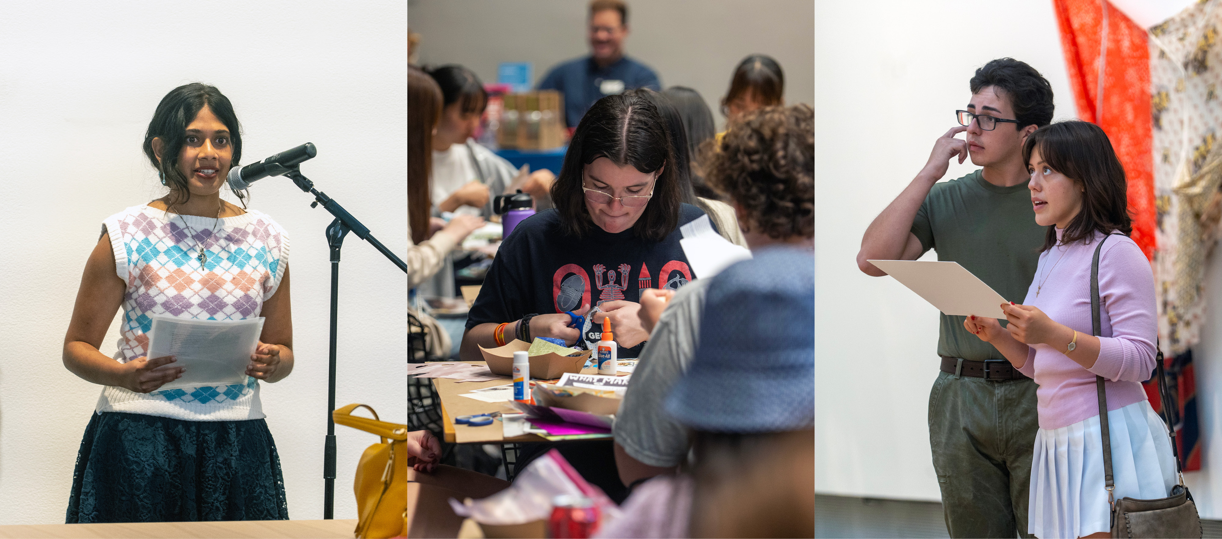 On the left, a young woman reads at a microphone. In the middle, a person makes art. On the right, two people look at art.