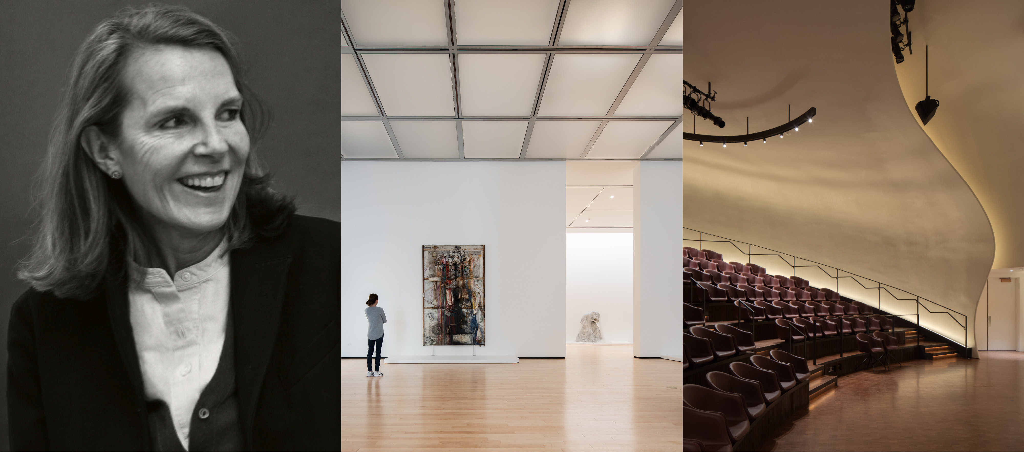 A collaged image featuring a photo of Annabelle Selldorf and two photos inside buildings she designed.