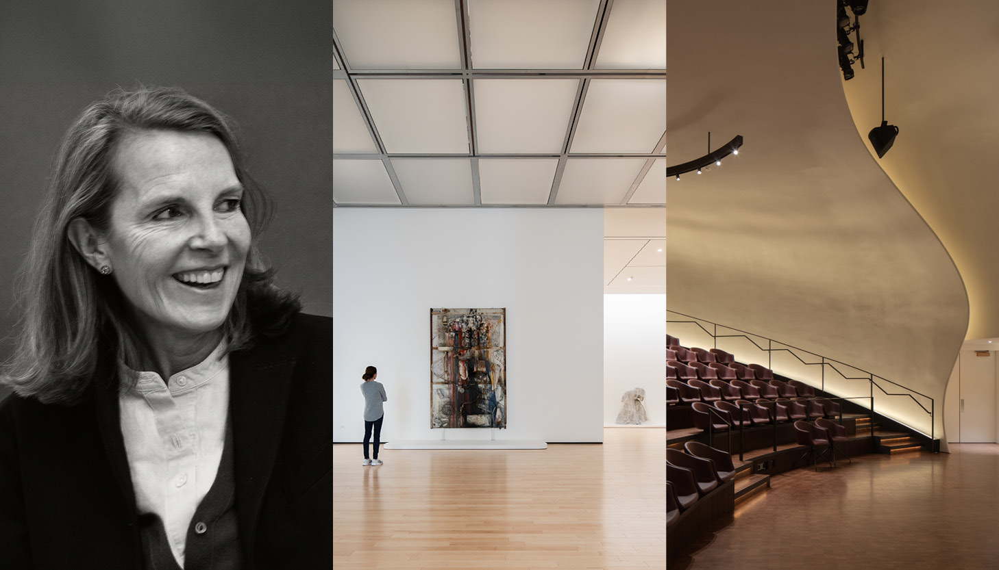 A collaged image featuring a photo of Annabelle Selldorf and two photos inside buildings she designed.
