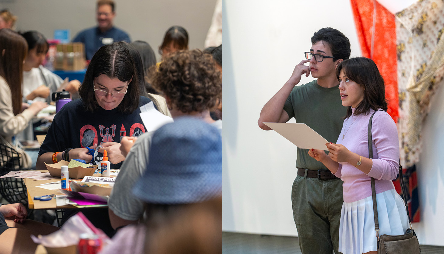 On the left, a young woman reads at a microphone. In the middle, a person makes art. On the right, two people look at art.